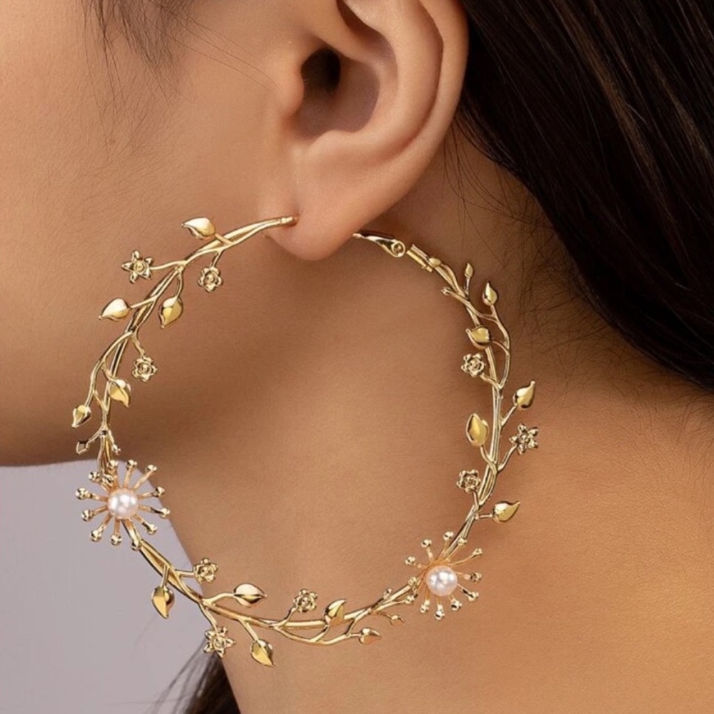 Gold Pearl Leaf Hoop Earrings